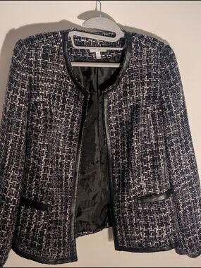 Fashion Bug Black, Purple, and White Tweed Jacket with Faux Leather Trim